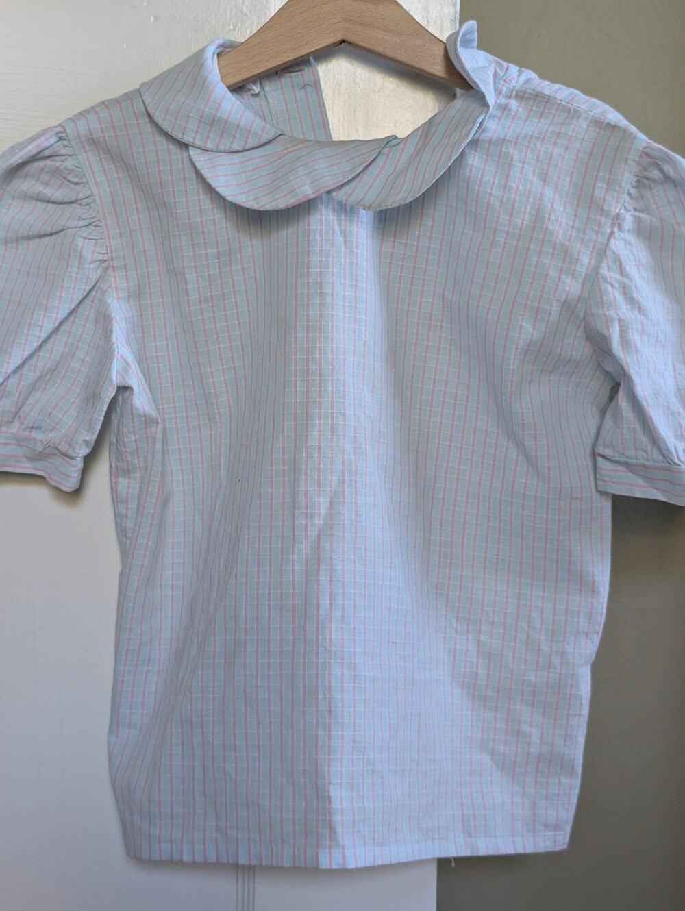 Vintage French Girls' Light Blue Striped Peter Pan Collar Blouse Size 6